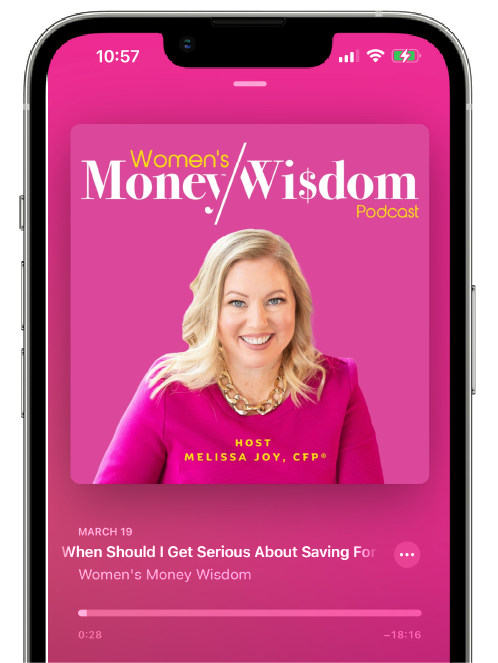 Phone with Women's Money Wisdom podcast on the screen