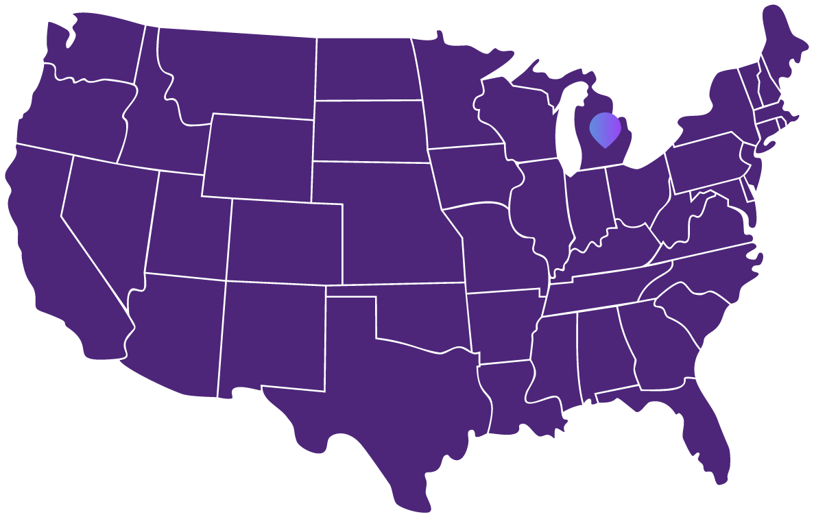 Map of the United States with a heart over the state of Michigan